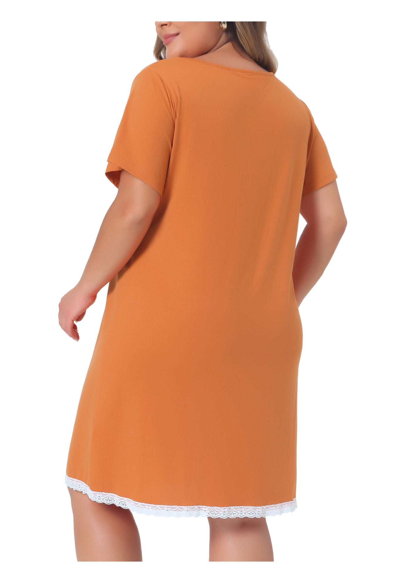 Short Sleeve Lace Trim Pajama Nightshirt, Orange / Orange, alternate image number 3