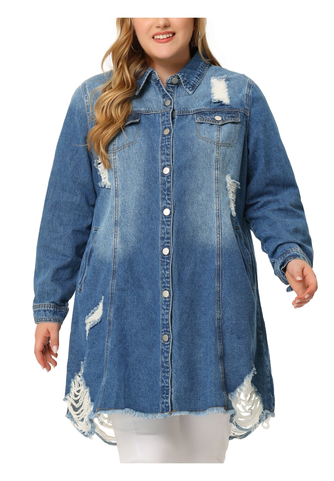 CLASSIC DISTRESSED FRAY HEM TRUCKER DENIM JACKET, Dark Blue / Navy, alternate image number 1