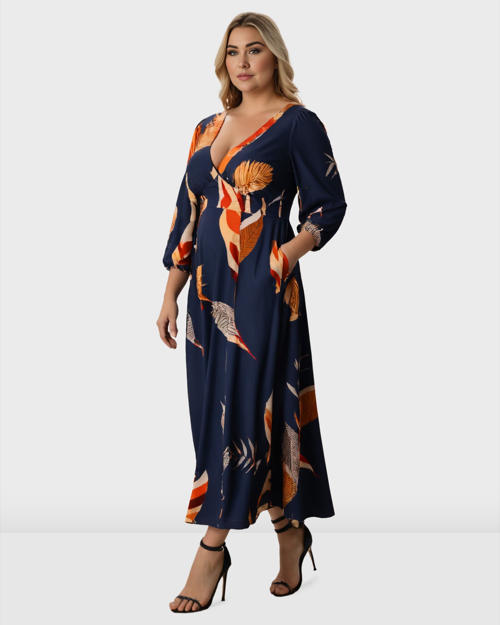 Leaf Print Crepe Banded Empire Dress, Navy / Navy, alternate image number 1
