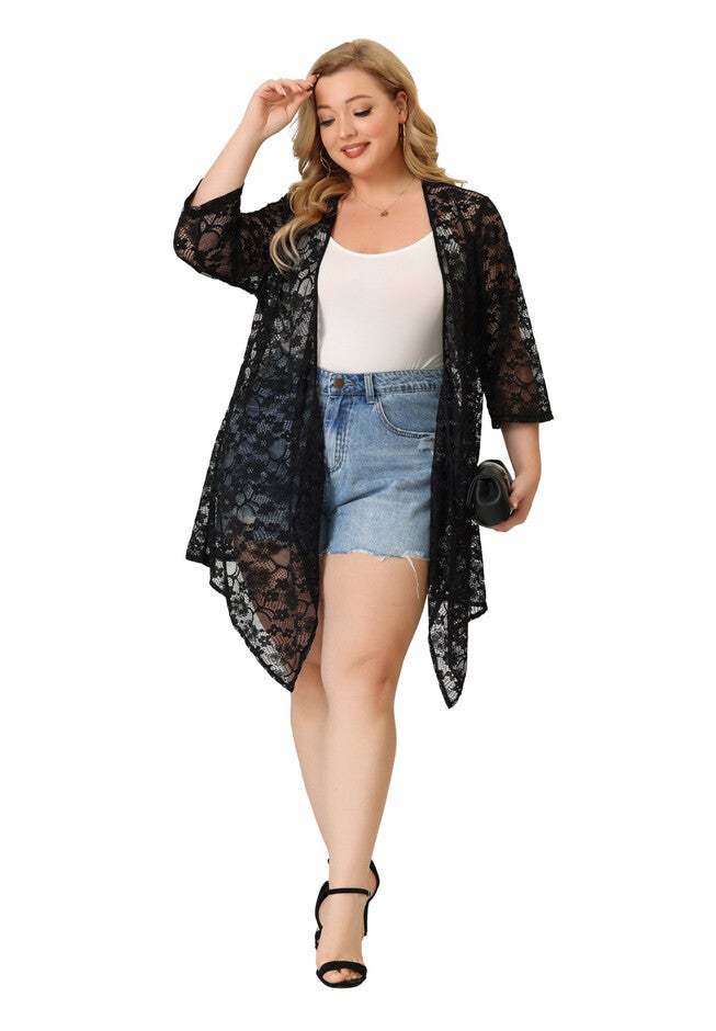 OPEN FRONT 3/4 SLEEVES CROCHET CARDIGAN COVER UP, Black / Black, alternate image number 2