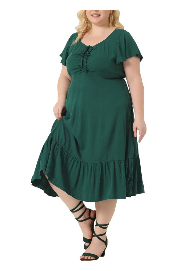 Short Sleeve Sweetheart Neck Ruffle Tiered Maxi Long Dress, Dark Green / Orange, alternate image number 1