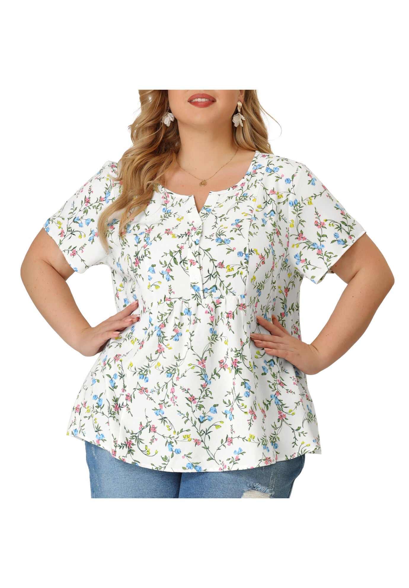 Summer Top Floral Half Placket Short Sleeve Casual Blouse, White / White, alternate image number 1