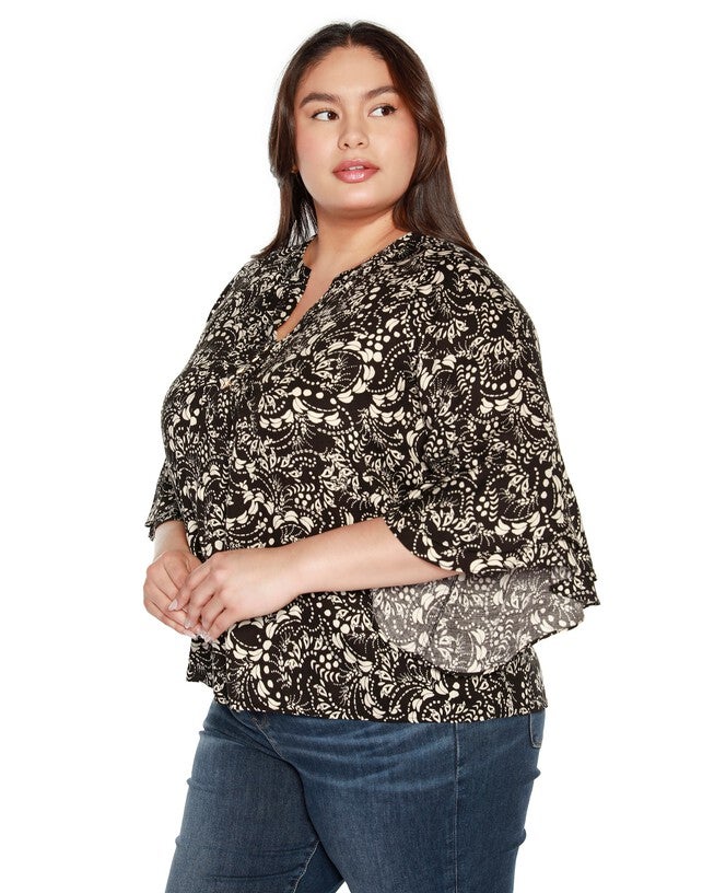 Plus Size Printed Ruffle Sleeve Top, Black / Black, alternate image number null