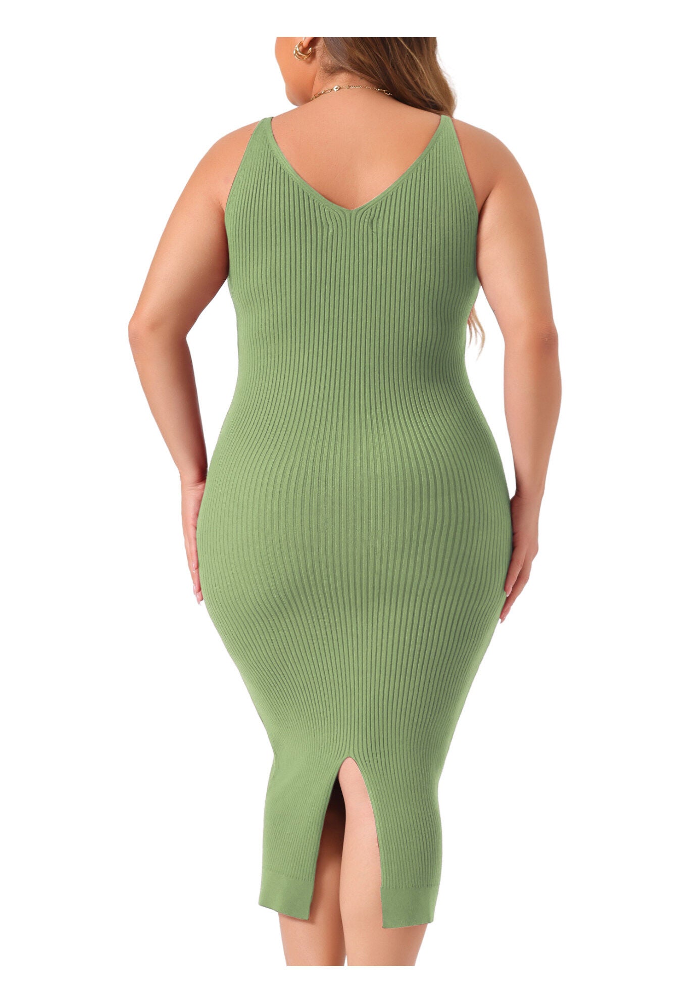 Sleeveless V Neck Ribbed Knit Bodycon Midi Sweater Cami Dress, Green / Light Green, alternate image number 3
