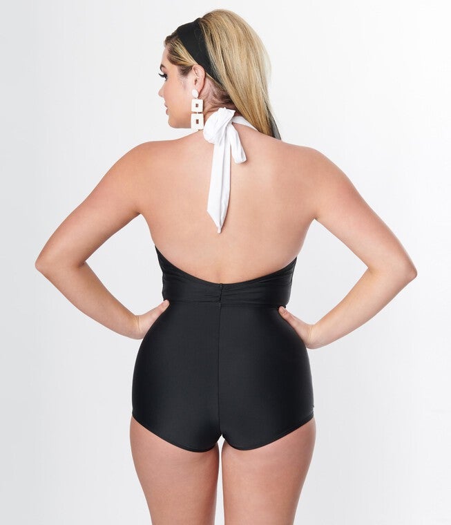 Unique Vintage Black & White Contrast Romper Swimsuit, Black White Contrast / Black, alternate image number 1