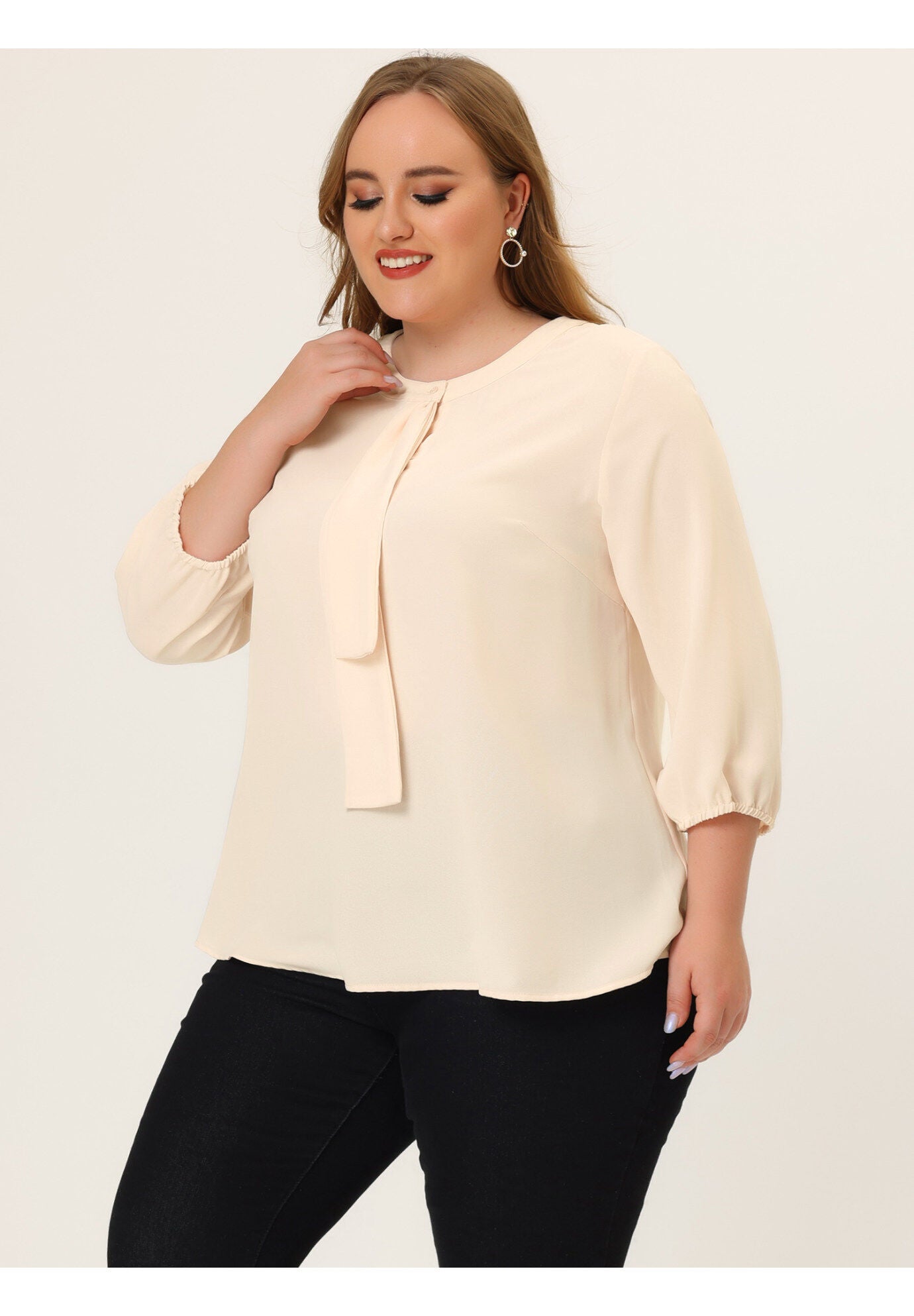 Work Round Neck Ruffle Chiffon Blouse Top, Beige / Beige, alternate image number 4