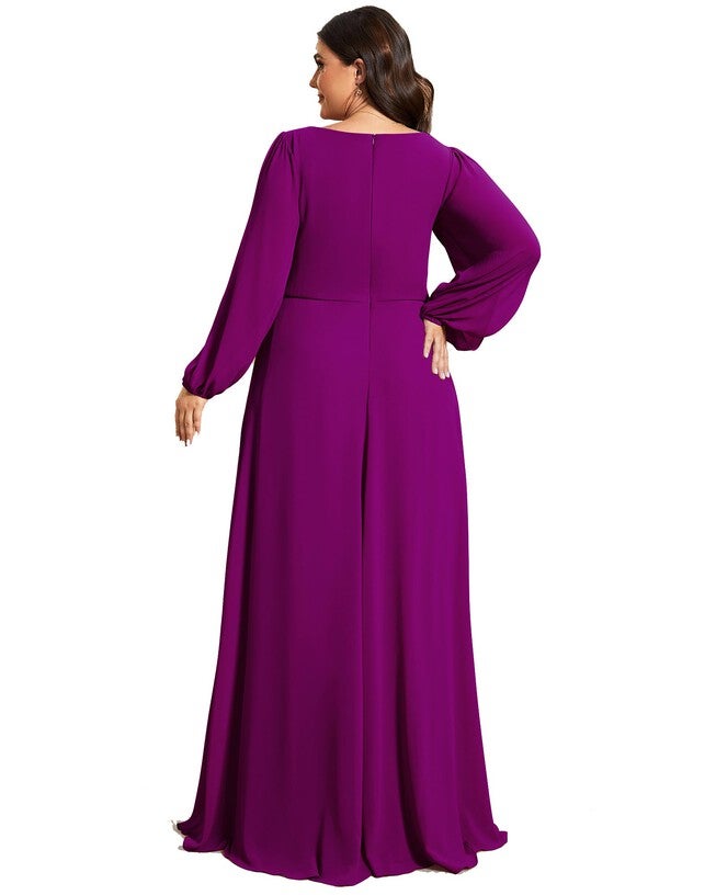 Chiffon V-Neckline Long Sleeve Formal Evening Dress, Fuchsia / Purple, alternate image number 1