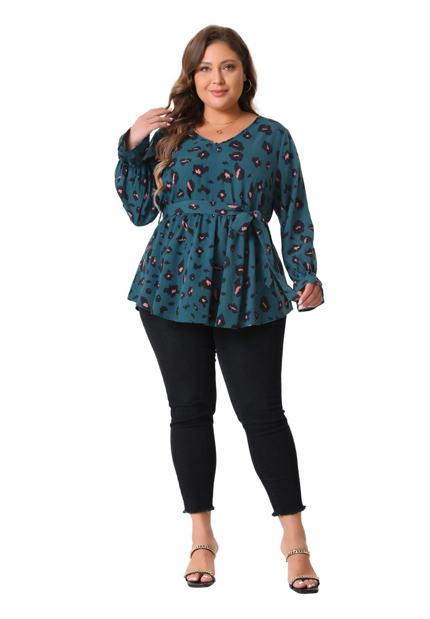 Graphic Print Belted Long Sleeve Peplum Blouse, Teal Blue / Teal, hi-res image number 0