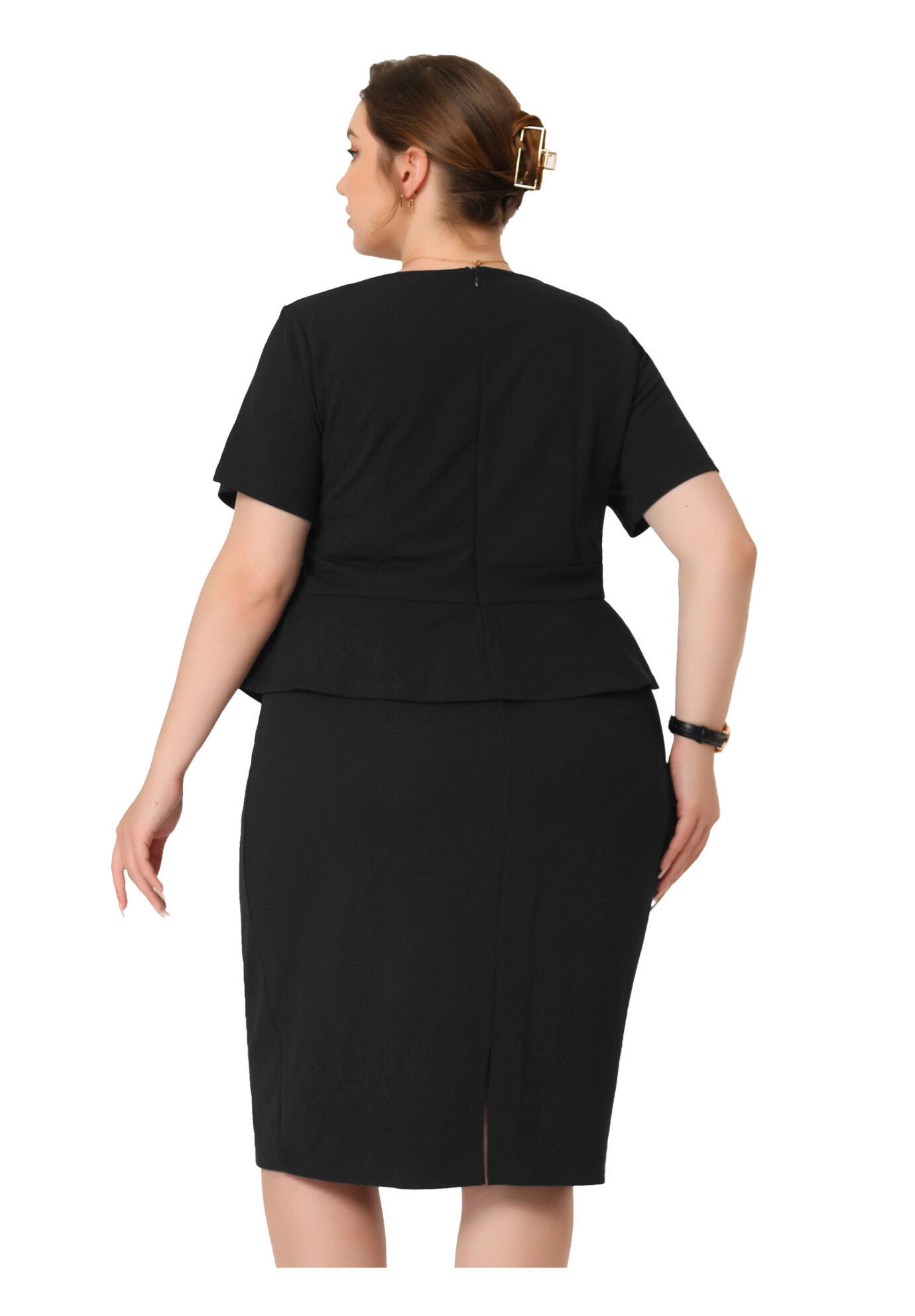 Short Sleeves Crew Neck Office Peplum Pencil Dress, Black / Black, alternate image number 3