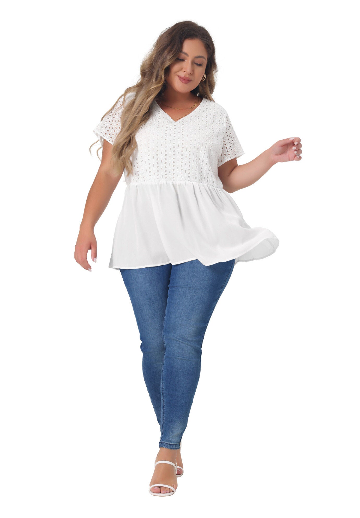 PEPLUM BLOUSE SUMMER SHORT SLEEVES V NECK BABYDOLL TOP, White / White, hi-res image number 0
