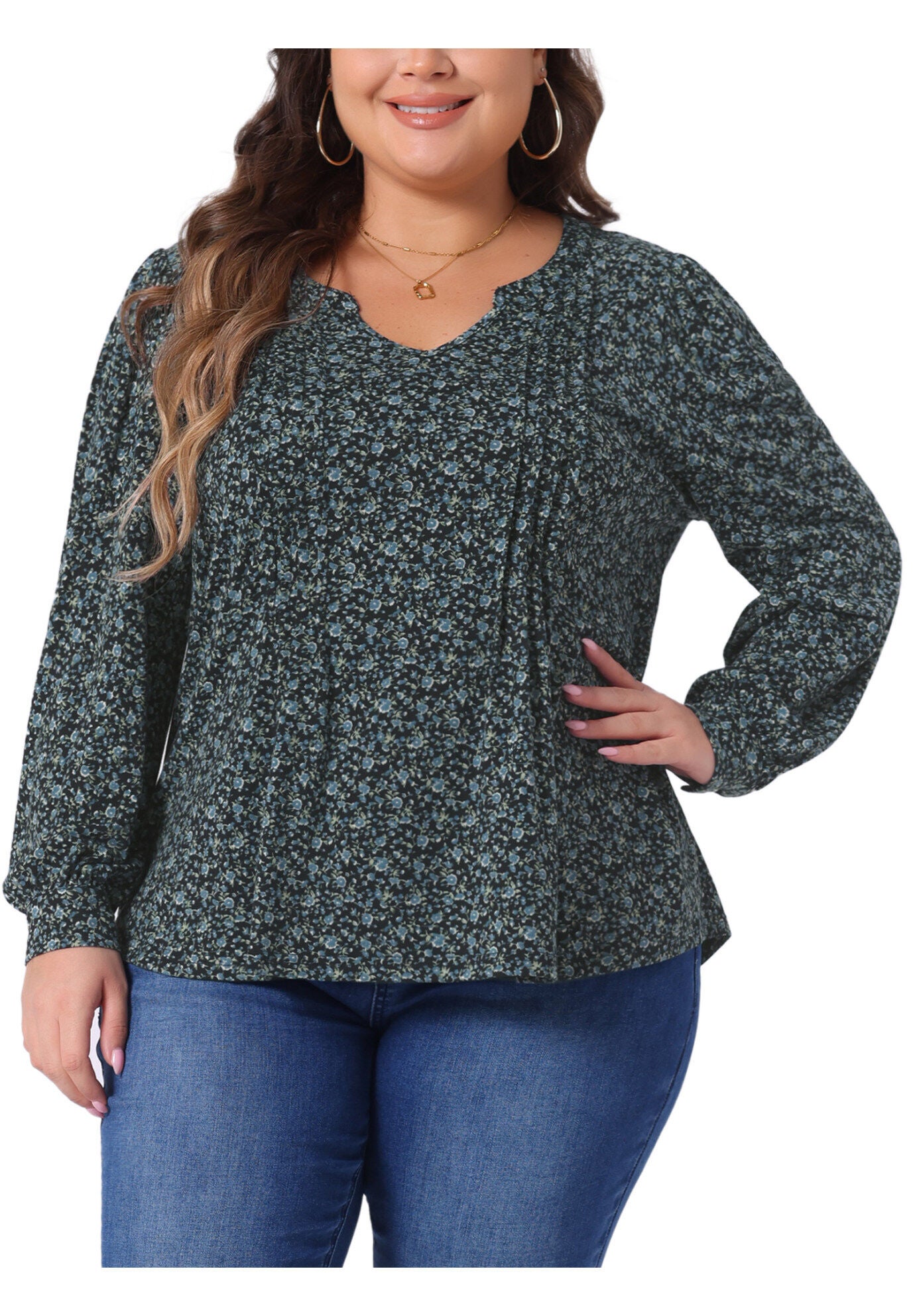 Long Sleeve Pleated Notch V Neck Floral Tunic Blouse, Black Blue / Navy, alternate image number 3