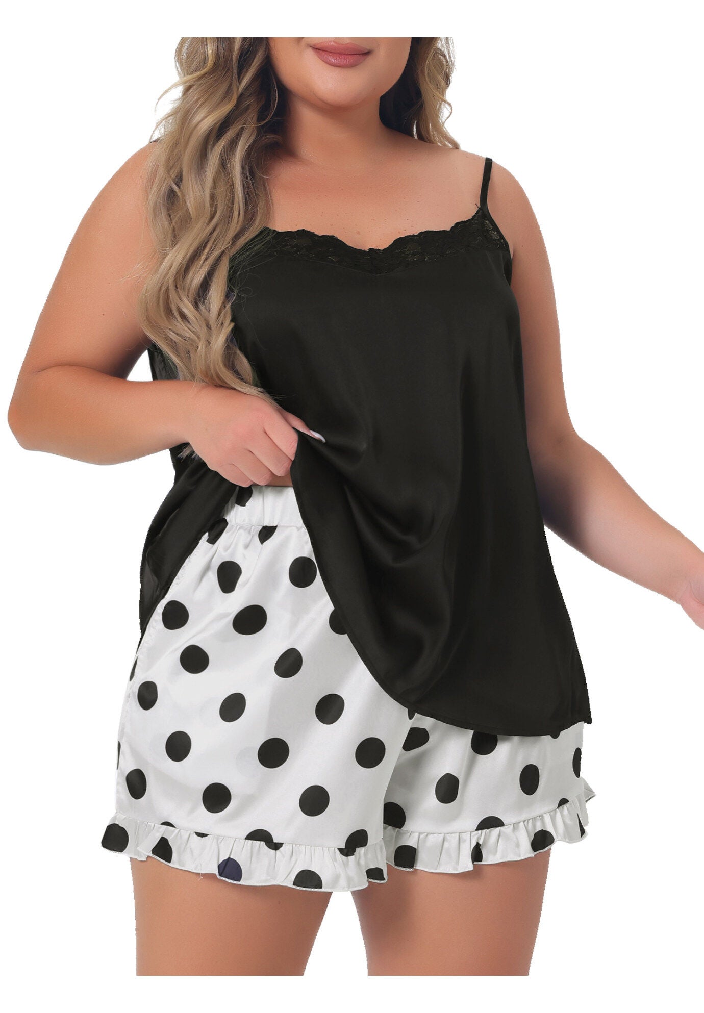 LINGERIE SLEEPWEAR 2 PIECE CAMI SHORTS PAJAMA SET, Black / Black, alternate image number 2