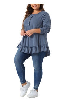 Button Henley V Neck Ruffled Hem Swing Flowy Blouse Tunic