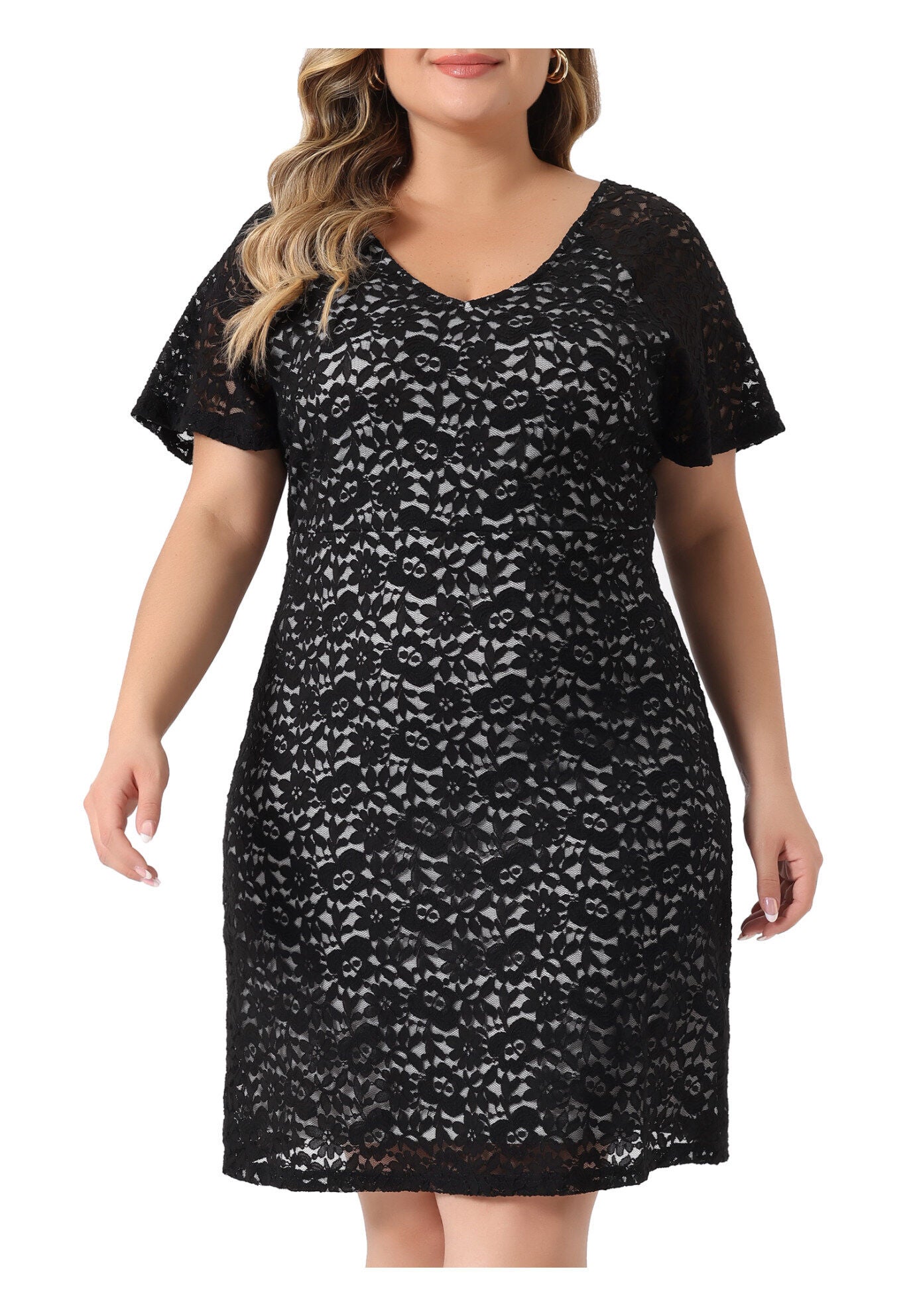V NECK SHORT SLEEVE COCKTAIL WEDDING GUEST BODYCON LACE PENCIL DRESS, Black / Black, alternate image number 2