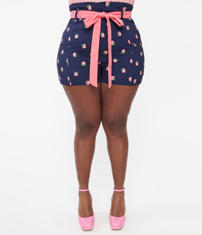 Unique Vintage Navy & Pink Strawberry Stamp Tied & True Shorts, Navy Pink Strawberry Stamp / Navy, alternate image number null