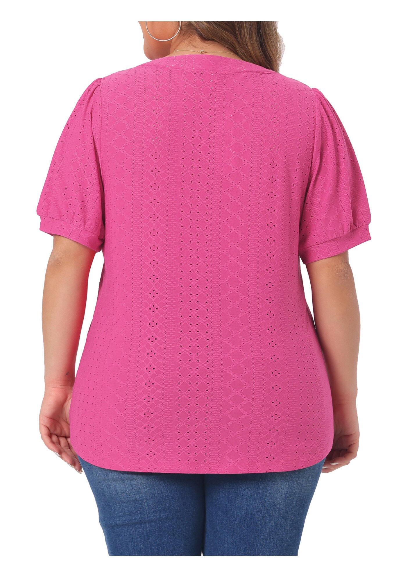 Hollow Casual V Neck Short Sleeve Summer Blouse, Hot Pink / Deep Fuchsia, alternate image number 3