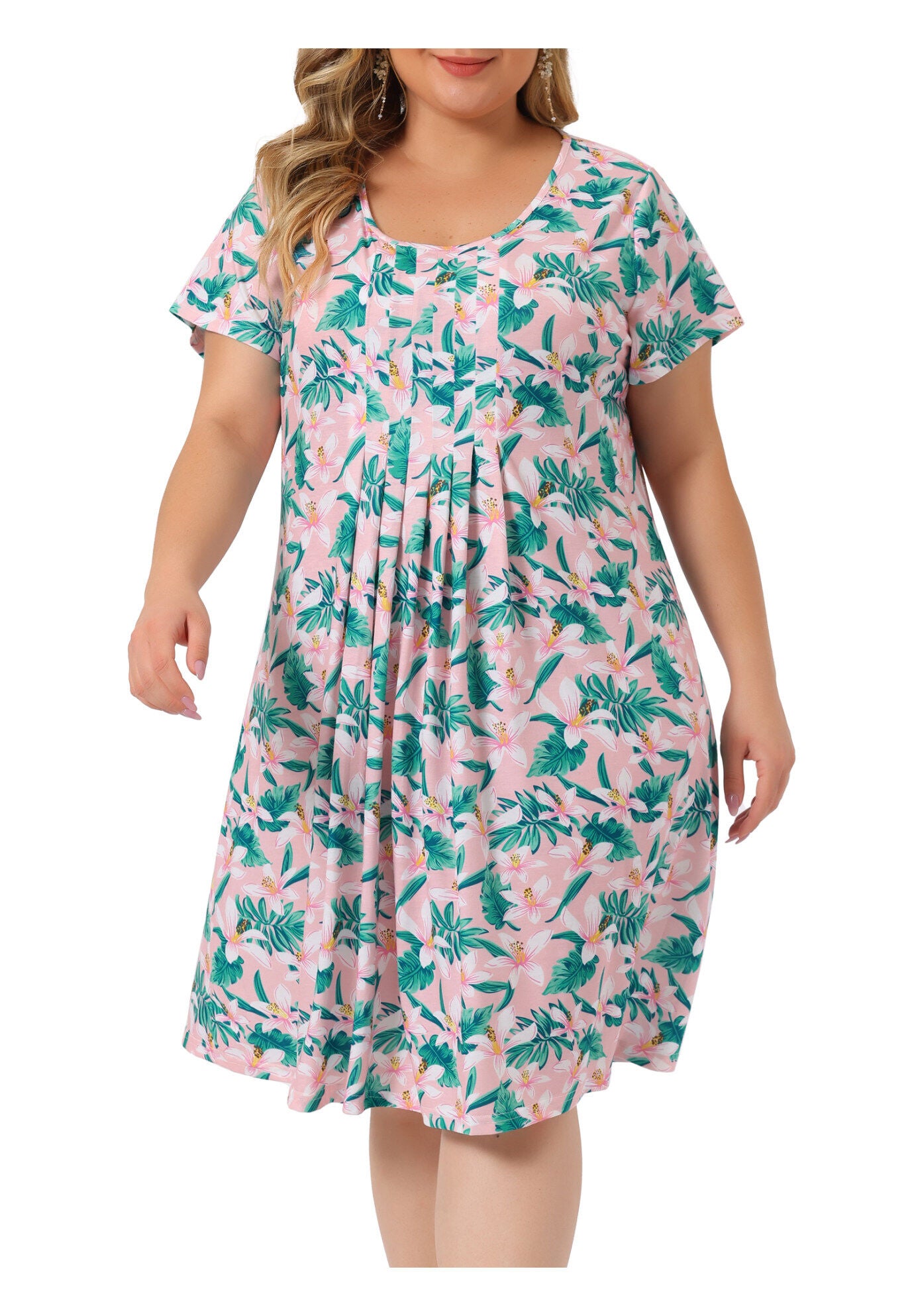 Short Sleeves Pleated Summer Beach Casual Loose Floral Dress, Pink Green / Pink, alternate image number 2