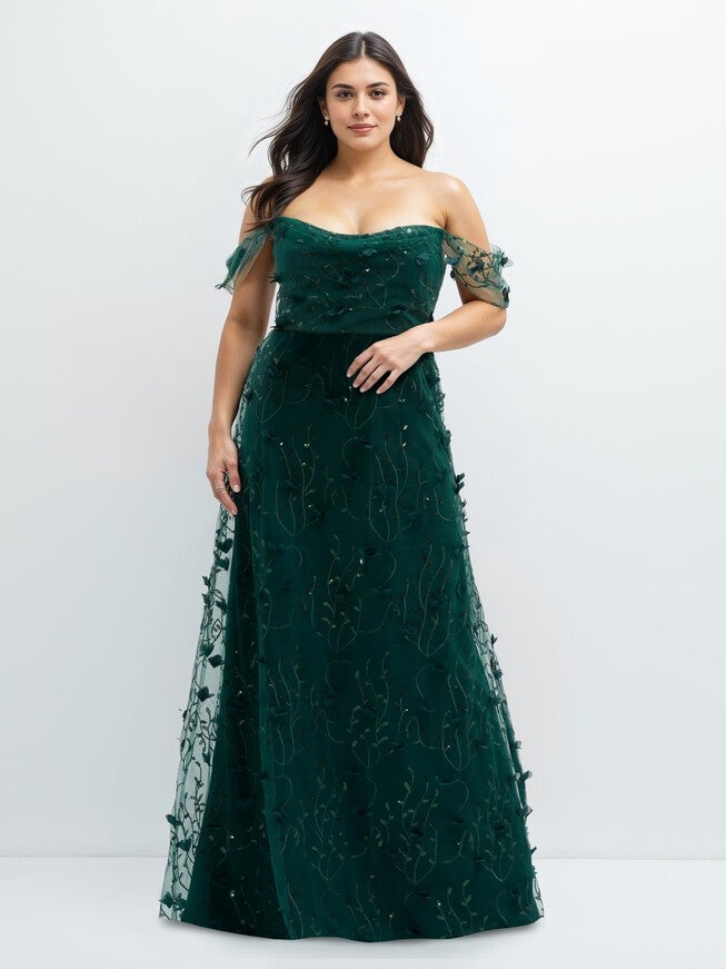 Off-the-Shoulder A-line 3D Floral Embroidered Dress, Evergreen / Hunter Green, hi-res image number 0