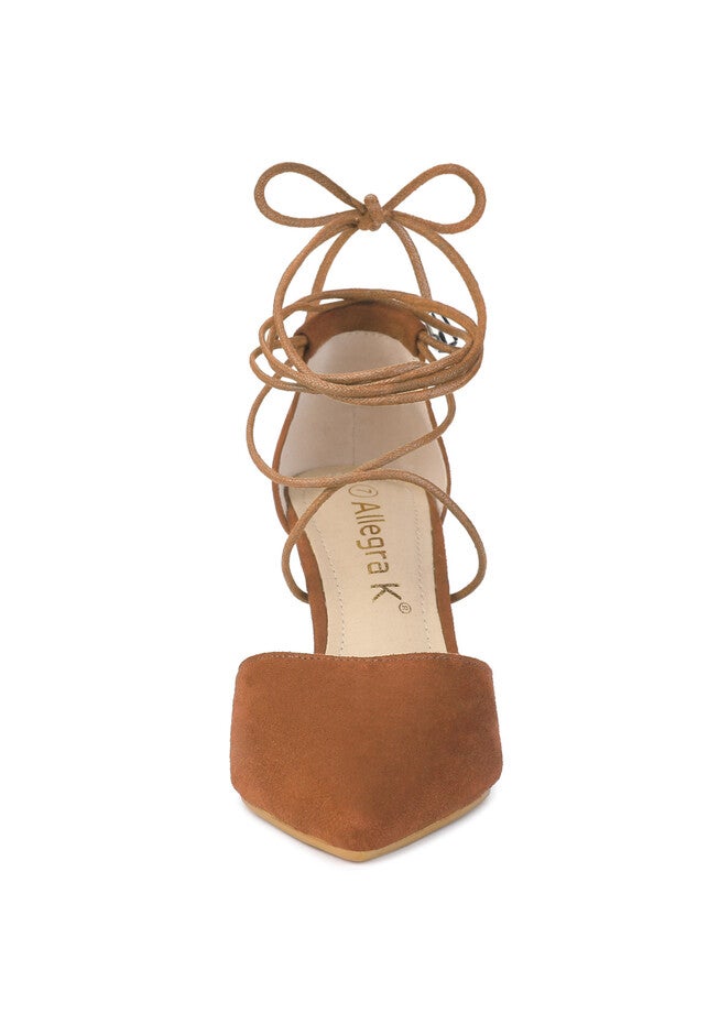 Pointed Toe Lace Up Stiletto Heels Dress Pumps, Brown / Brown, alternate image number 1