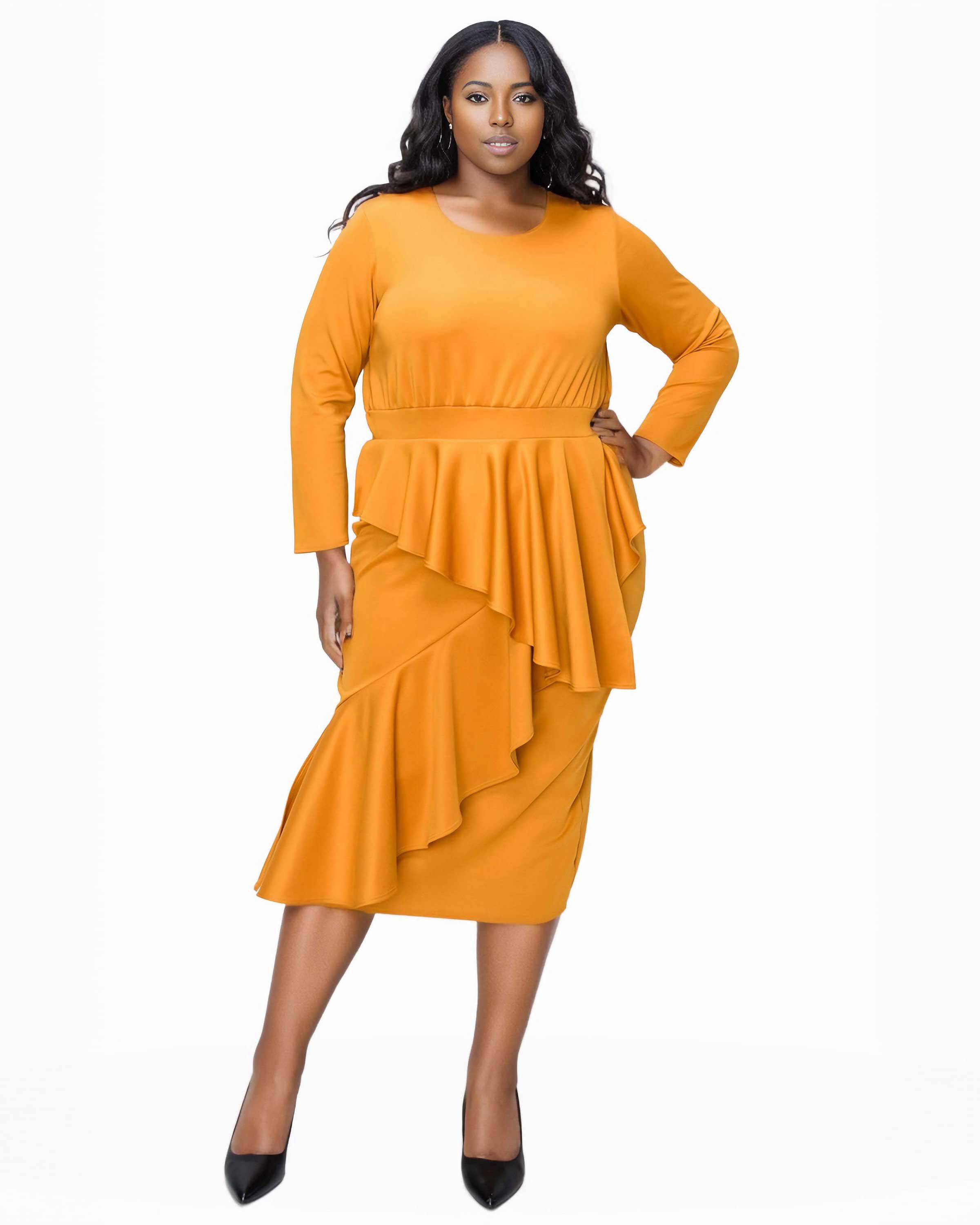 ALEXANDRA RUFFLED BODYCON DRESS, Mustard / Mustard, hi-res image number 0