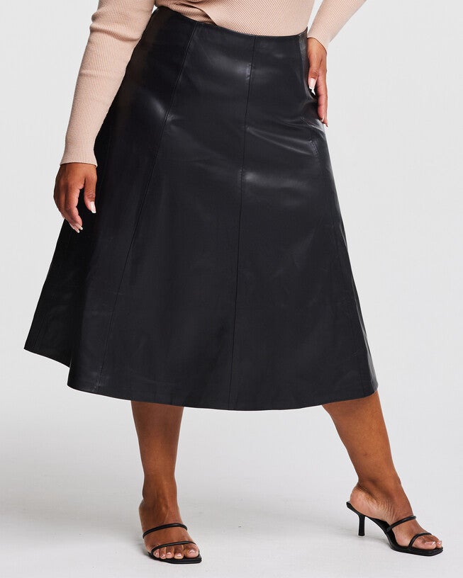 Ashdown PU Vegan Leather Midi Skirt, BLACK / Black, alternate image number null