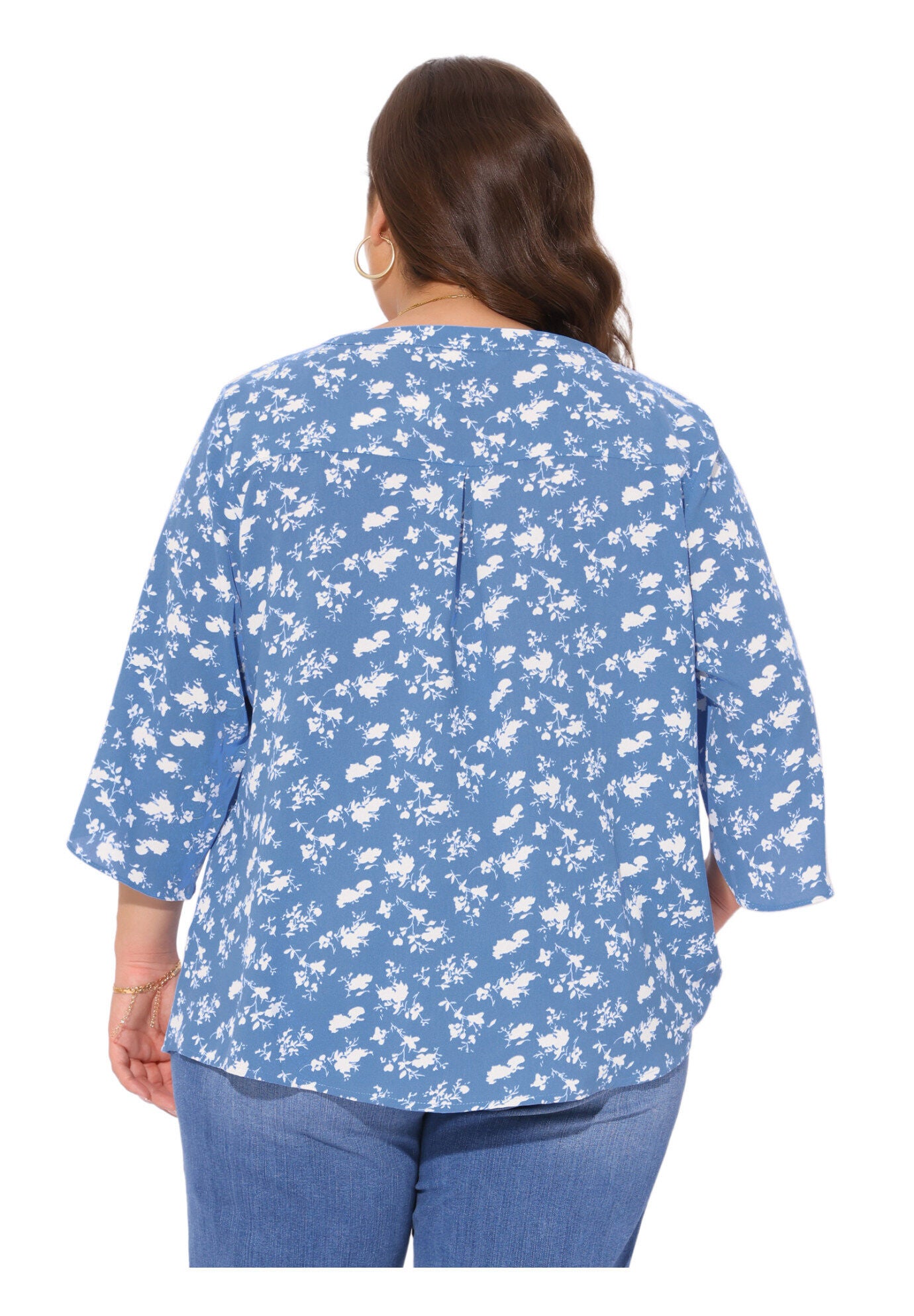 3/4 Sleeve V Neck Chiffon Shirt Tunic Top, Blue / Cornflower Blue, alternate image number 3