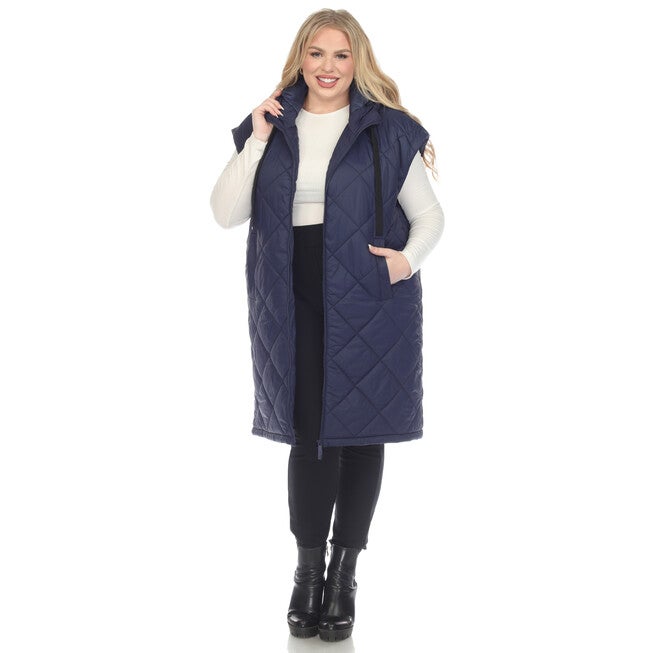 Women's Diamond Quilted Hooded Puffer Vest, Navy / Navy, alternate image number null