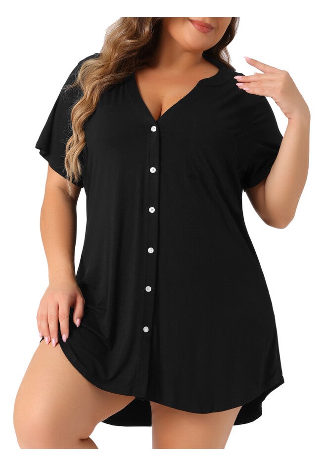 Short Sleeve V Neck Button Down Pajamas Dress, Black / Black, alternate image number 4