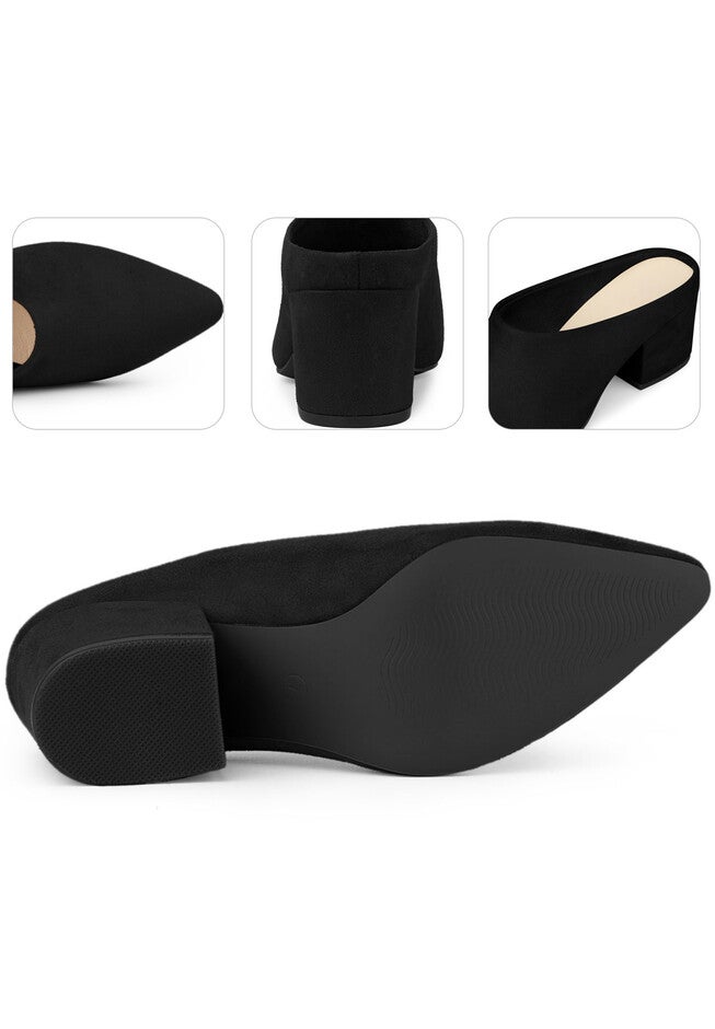 Chunky Heels Pointed Toe Slip on Slide Mules, Black / Black, alternate image number 1