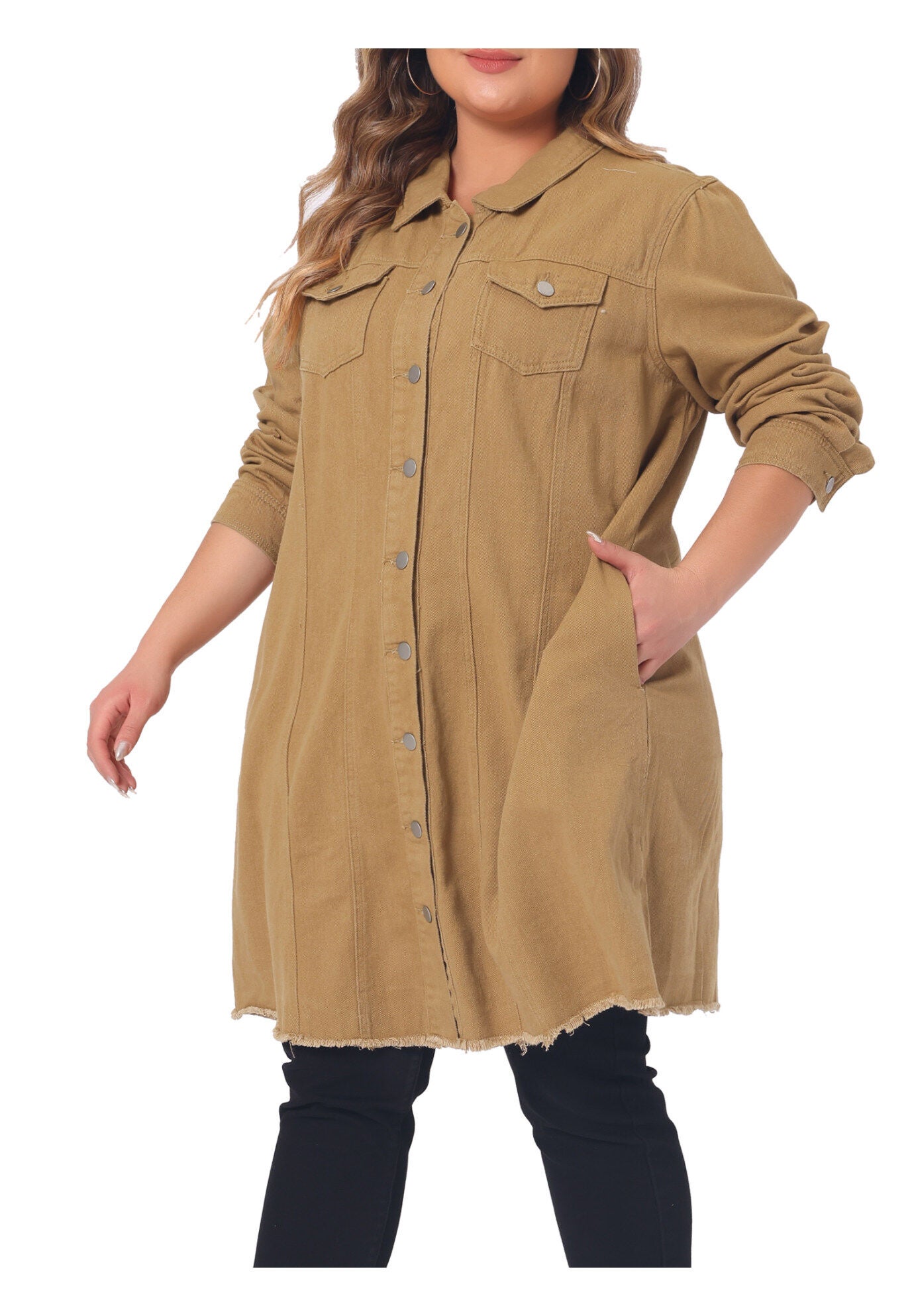 DISTRESSED BUTTON UP POCKET LONG DENIM JACKET, Khaki / Tan, alternate image number 4