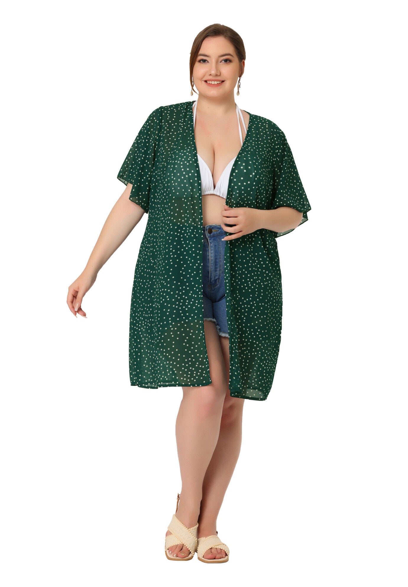 SHORT SLEEVE BIKINI POLKA DOTS KIMONO COVER UP, Green / Forest Green, hi-res image number 0
