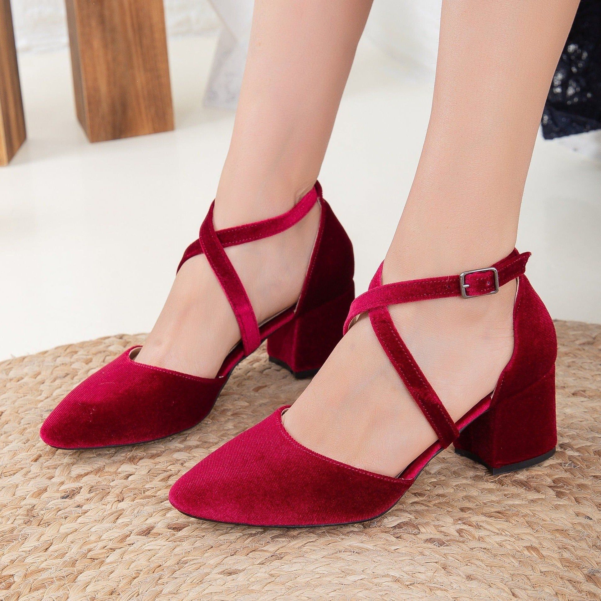 Dolly Low Block Heel Pumps, Burgundy Velvet / Burgundy, alternate image number 2