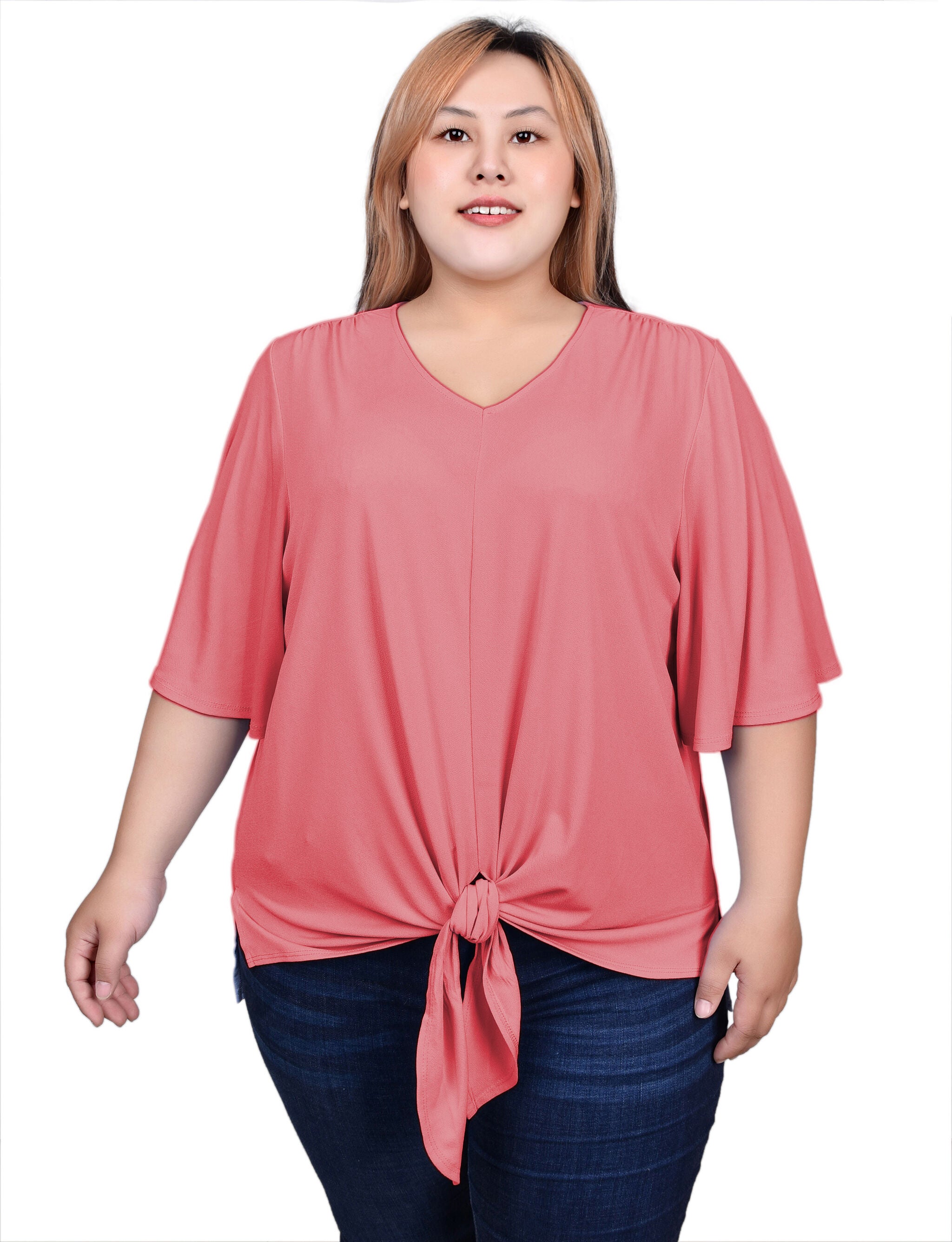 Elbow Sleeve Tie-Front Top, Sugar Coral / orange, hi-res image number 0