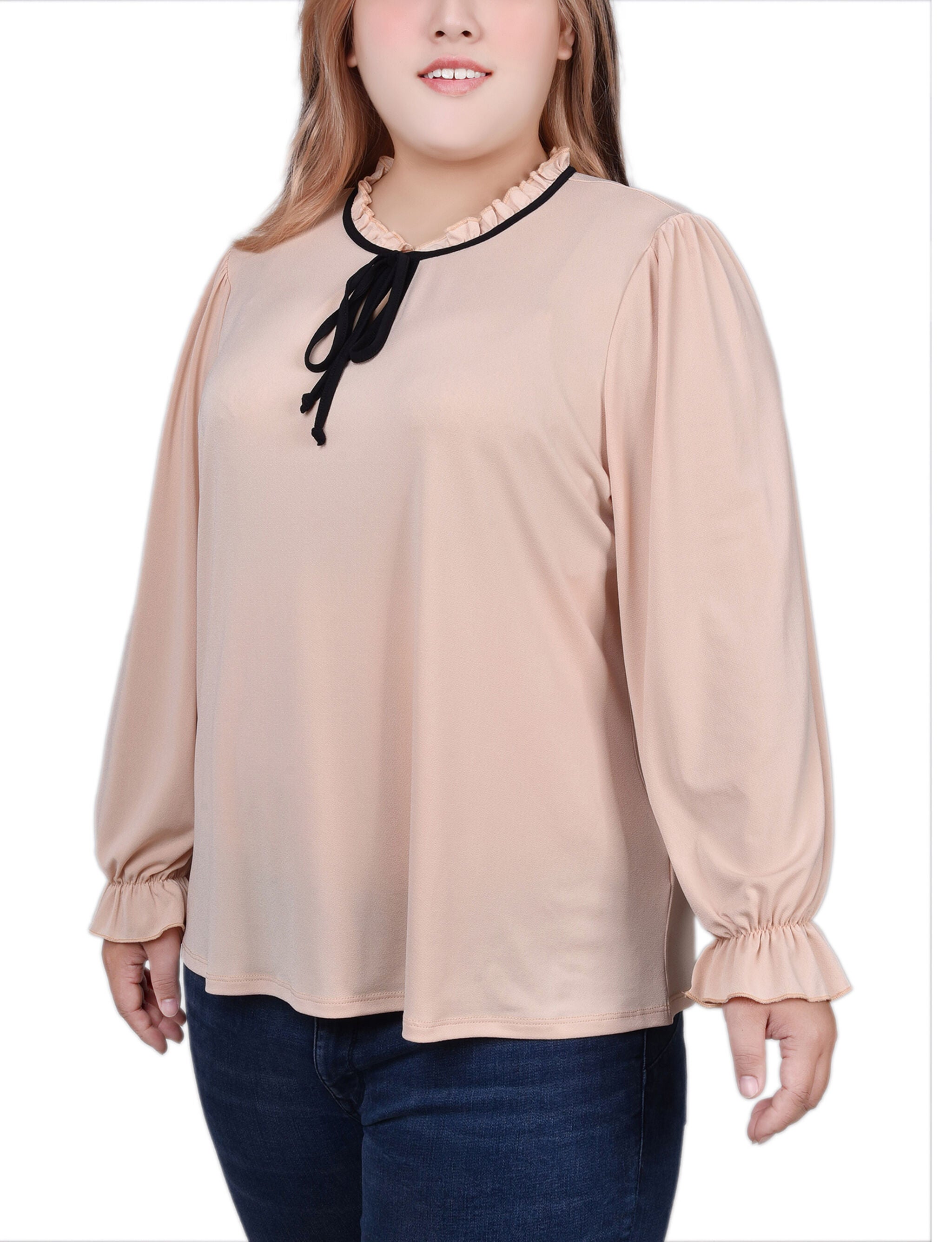 Long Sleeve Tie Neck Top, Semolina Black / beige, alternate image number 3