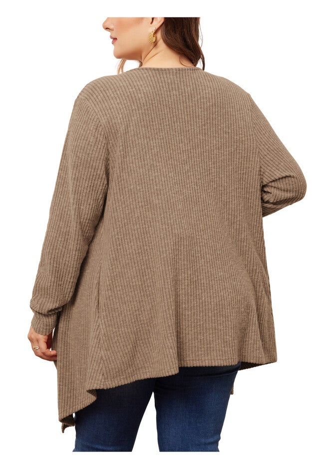 OPEN FRONT IRREGULAR HEM CARDIGAN WITH POCKETS, Dark Khaki / Brown, alternate image number 3