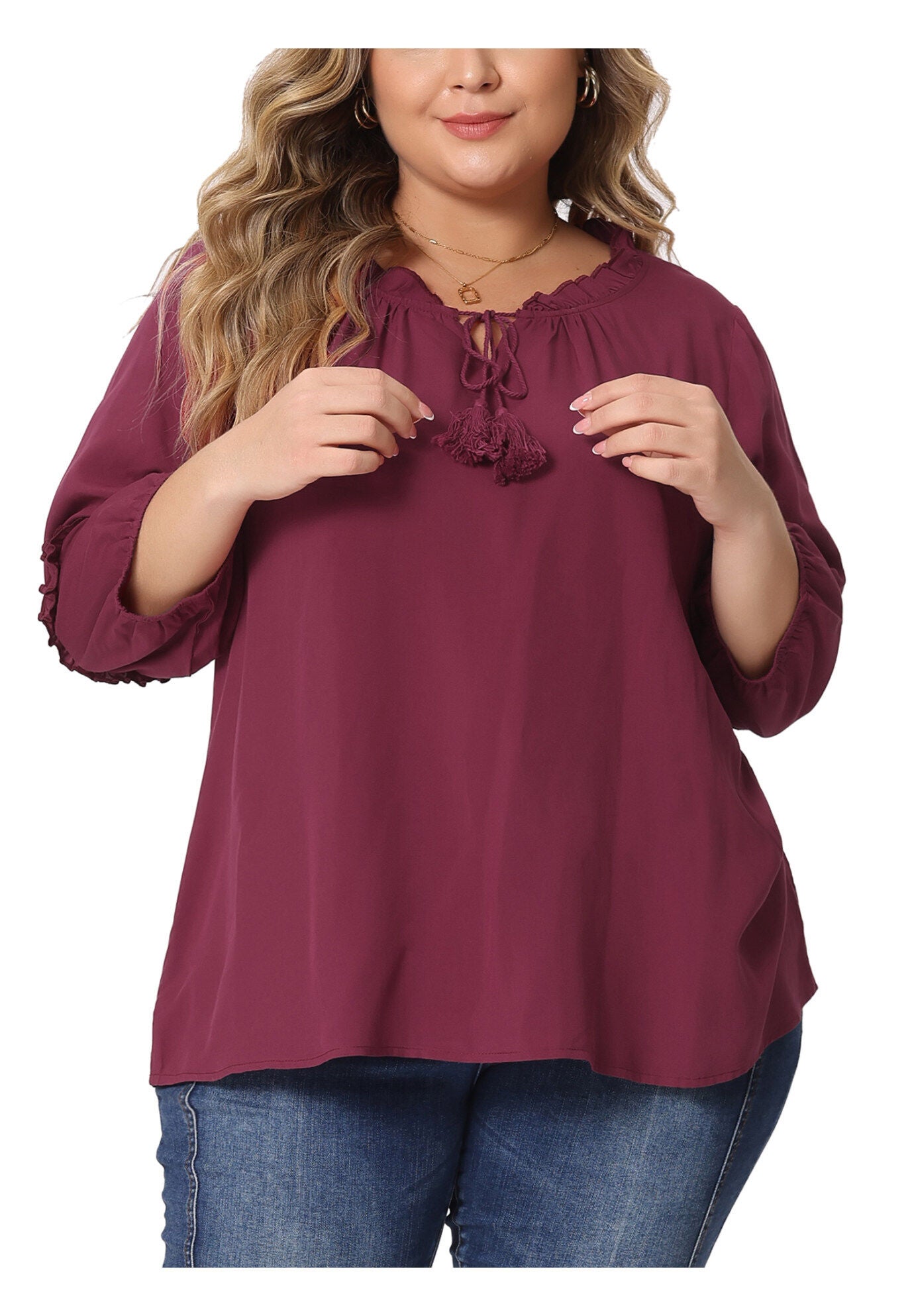 TIE NECK TASSEL SELF FLUTTER 3/4 SLEEVE BLOUSE TOP, Burgundy / Red, alternate image number 1