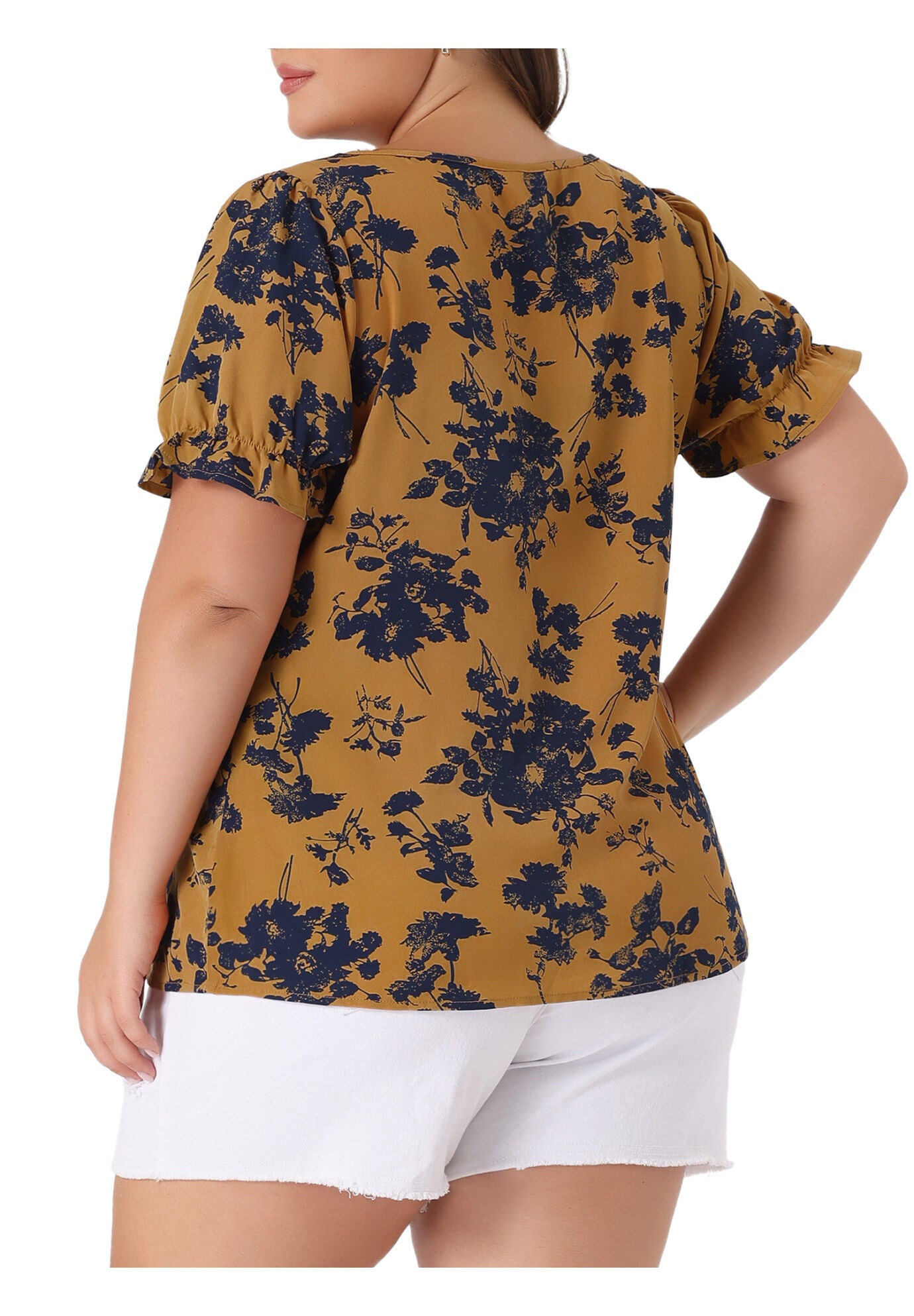 V Neck Ruffle Short Sleeve Chic Summer Blouses, Brown / Brown, alternate image number 3