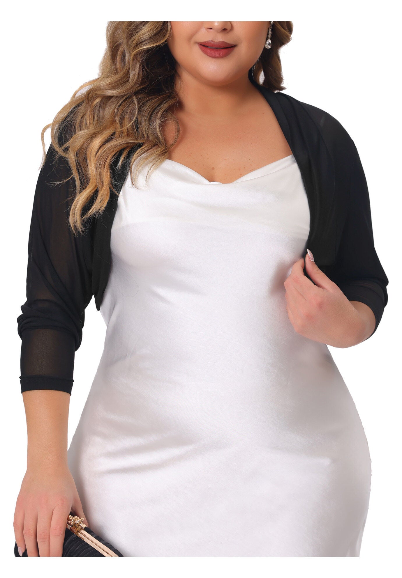 LONG SLEEVE SHEER BOLERO SHRUG MESH CROP CARDIGAN, Black / Black, alternate image number 1