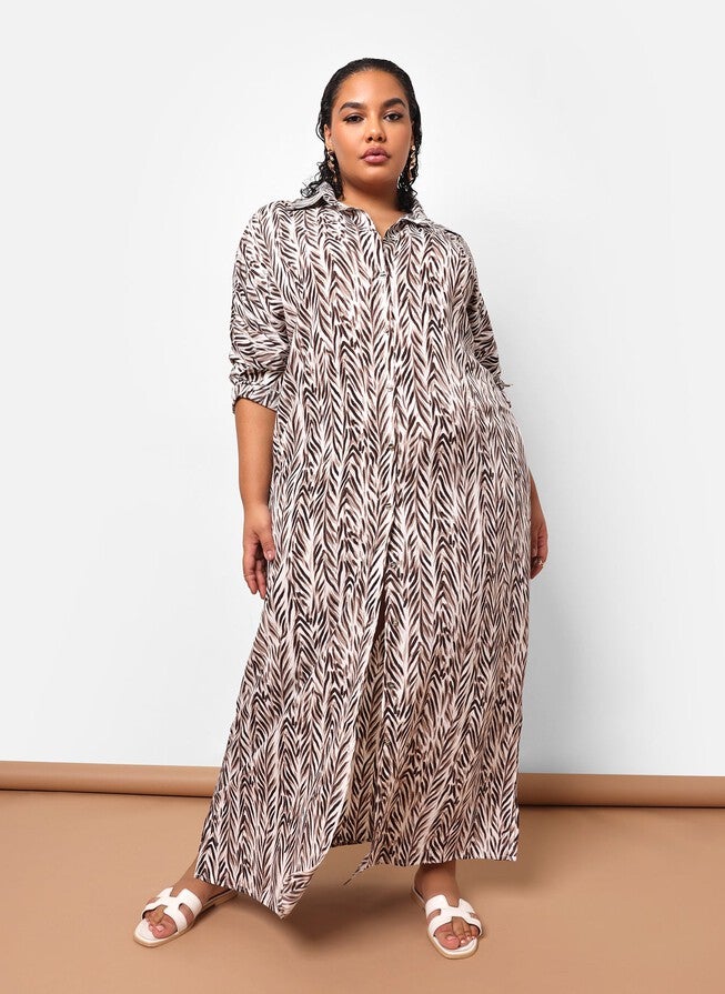 ISHA BAMBOO PRINT BUTTON FRONT MAXI COLLARED DRESS, White / White, alternate image number null