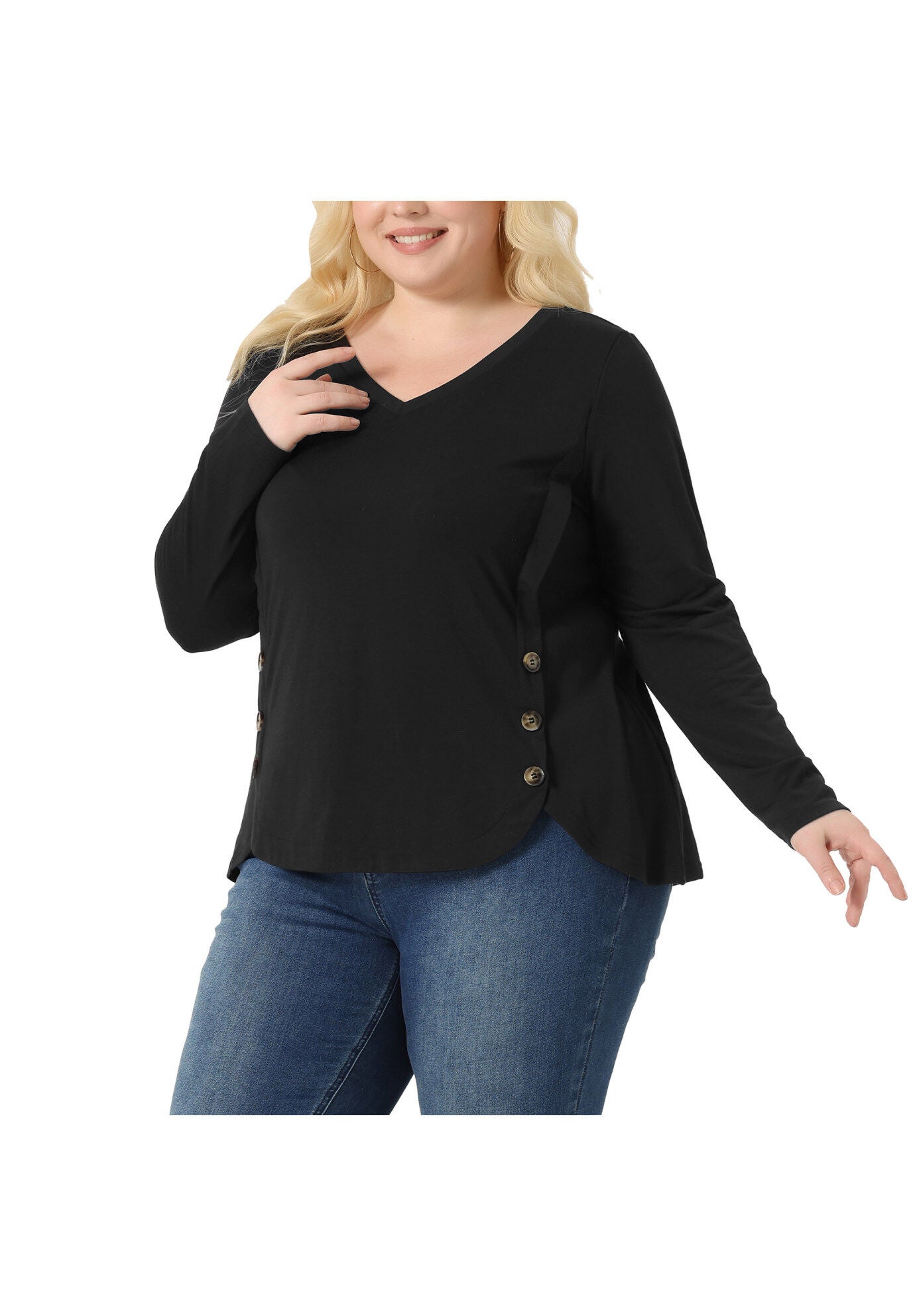 LONG SLEEVE TUNIC TOP V NECK LOOSE T SHIRT, Black / Black, alternate image number 2