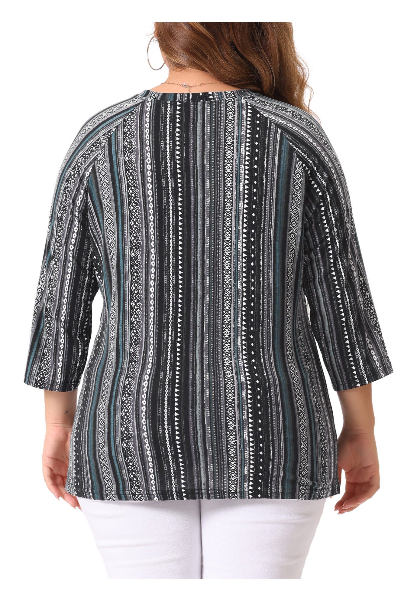 3/4 Sleeve Knit Blouse Tee Stripe Boho Top, Black / Black, alternate image number 3