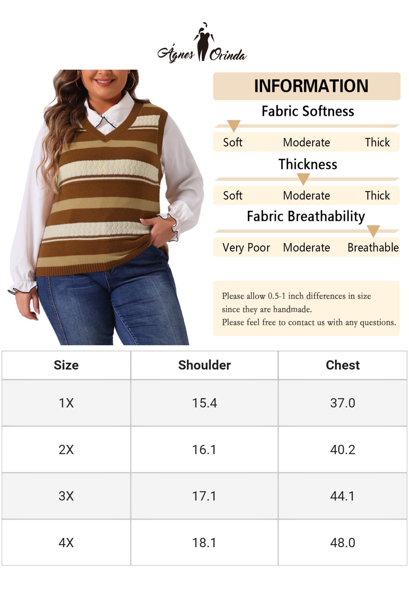 V Neck Striped Knit Casual Pullover Sweater Vest, Brown / Brown, alternate image number 4