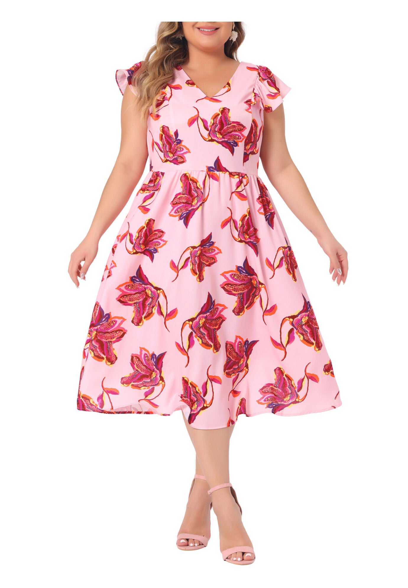 Floral Ruffle Short Sleeves Tie Back V Neck Summer Dress, Pink / Pink, alternate image number 1