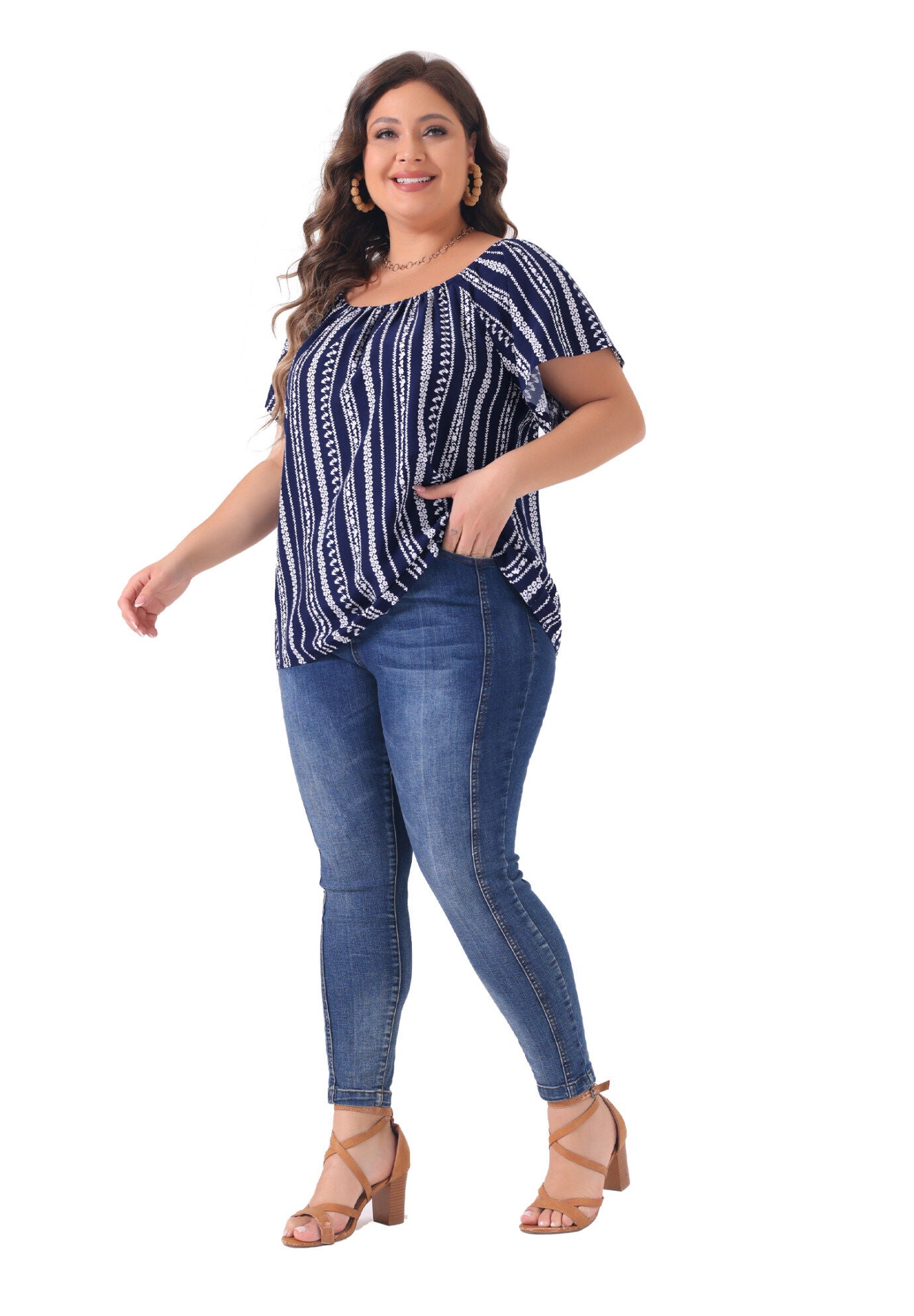 BOHO OFF SHOULDER SHORT SLEEVE CASUAL T-SHIRT TOP, Dark Blue / Navy, hi-res image number 0