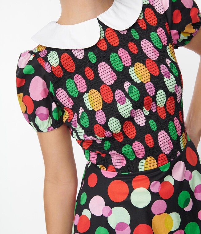 Smak Parlour Black & Rainbow Dot Smocked Fit & Flare Dress | Dia & Co Smak Parlour Black & Rainbow Dot Smocked Fit & Flare Dress | Dia & Co