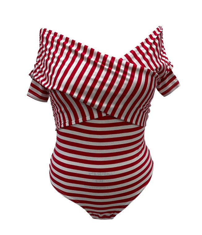Unique Vintage Red & White Striped Off Shoulder Daydreamer Bodysuit, Red / Red, hi-res image number null
