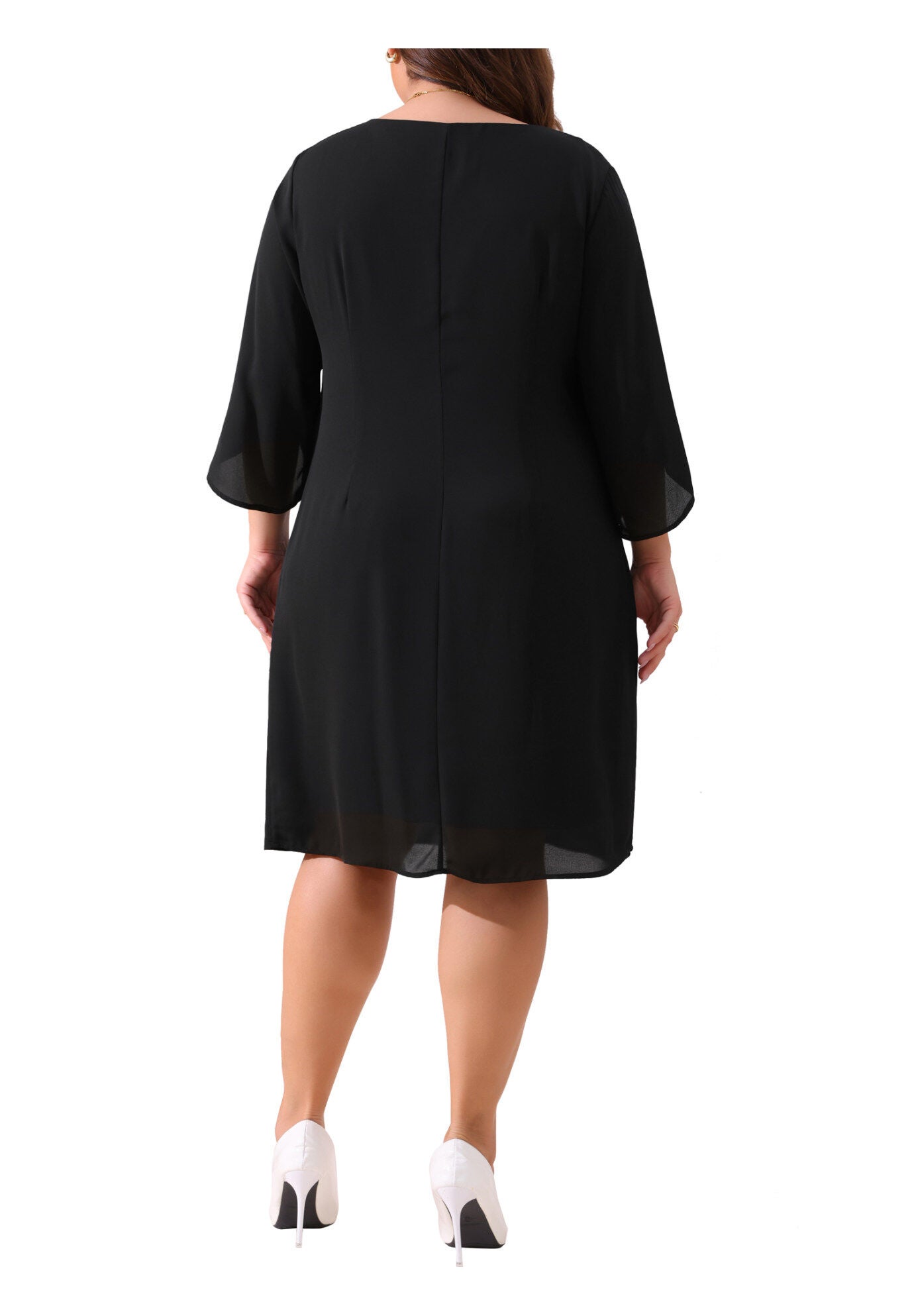 Crew Neck 3/4 Flutter Sleeve Cocktail Chiffon Dress, Black / Black, alternate image number 3