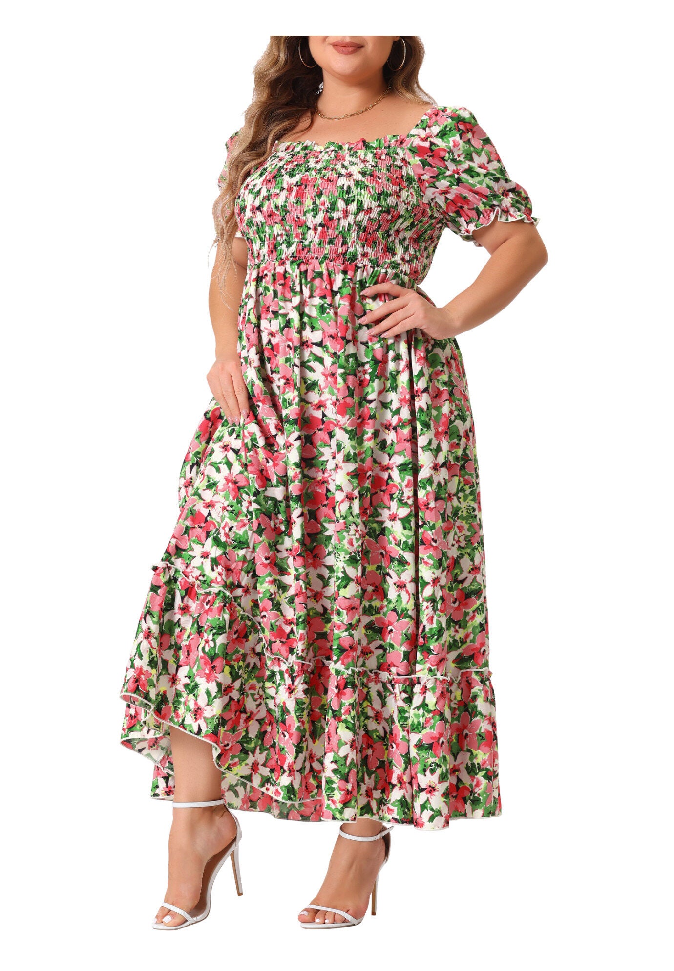 Short Sleeve Shirred Square Neck Floral Maxi Dress, Pink Green / Pink, alternate image number 1