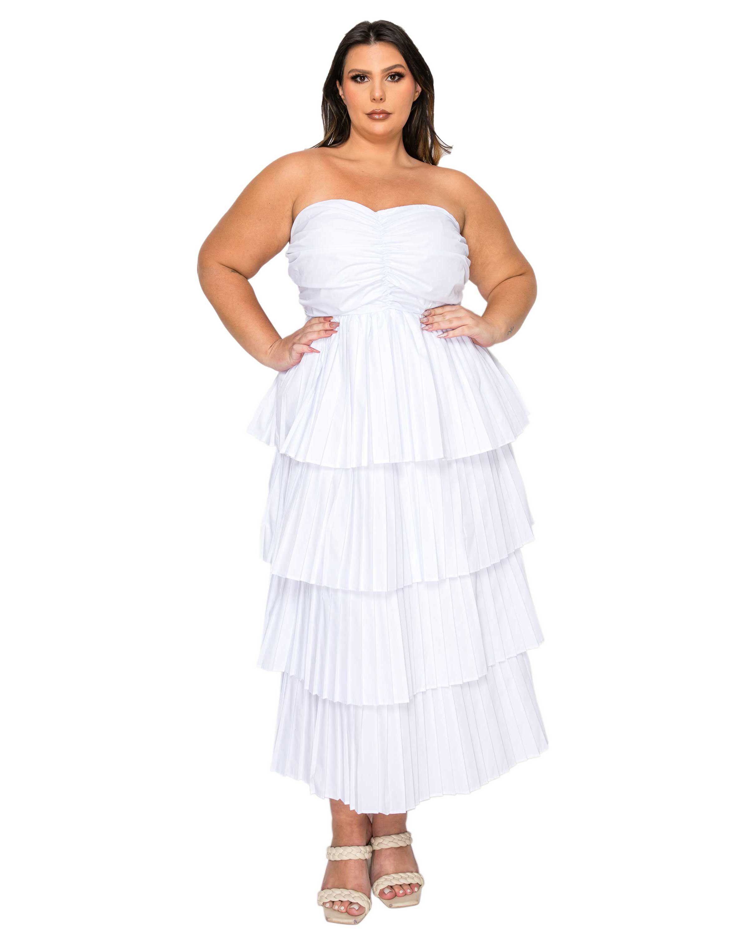 ELENI STRAPLESS PLEATED TIERED DRESS, White / White, hi-res image number 0