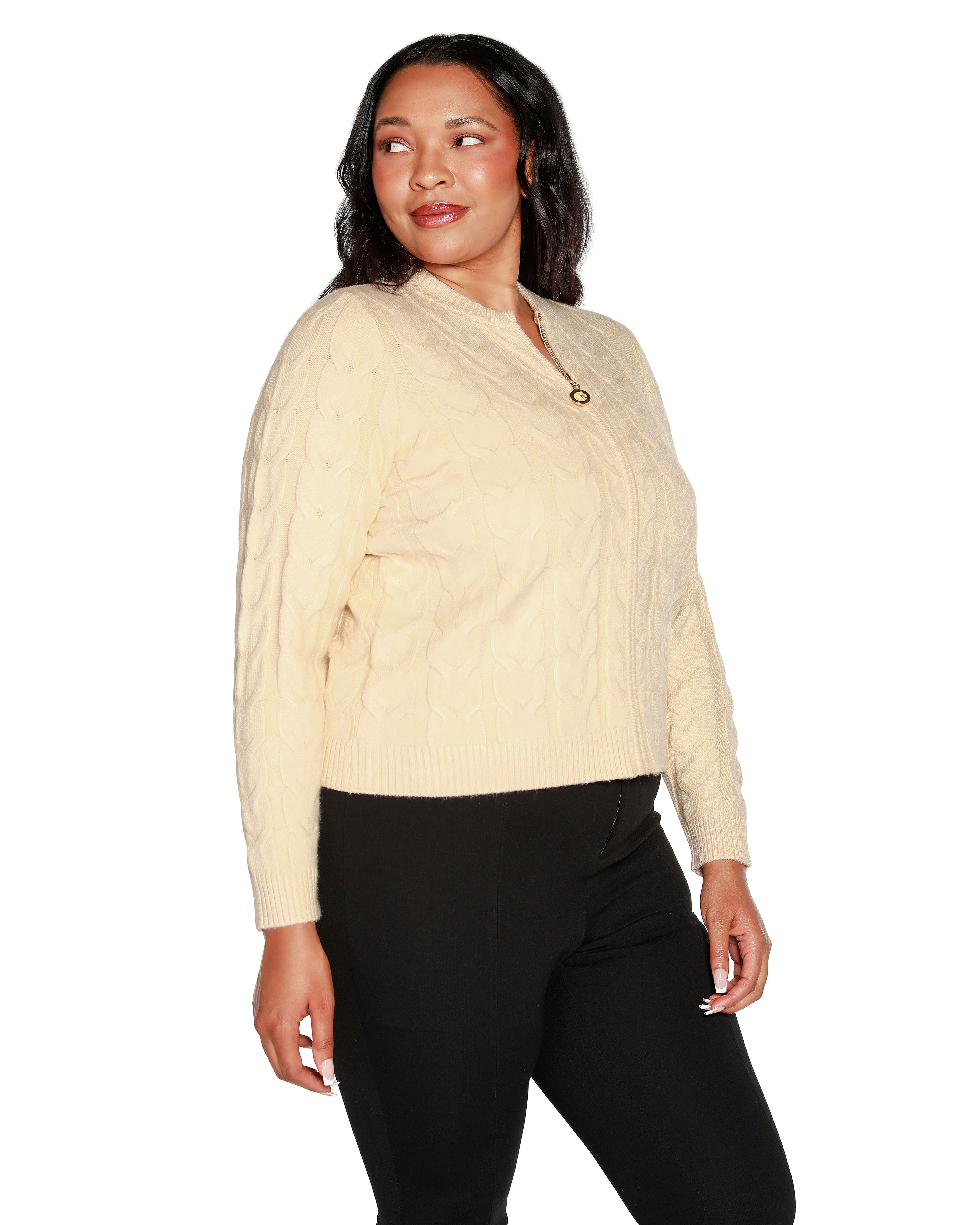 ZIP CABLE SWEATER, Cream / Cream, alternate image number 1